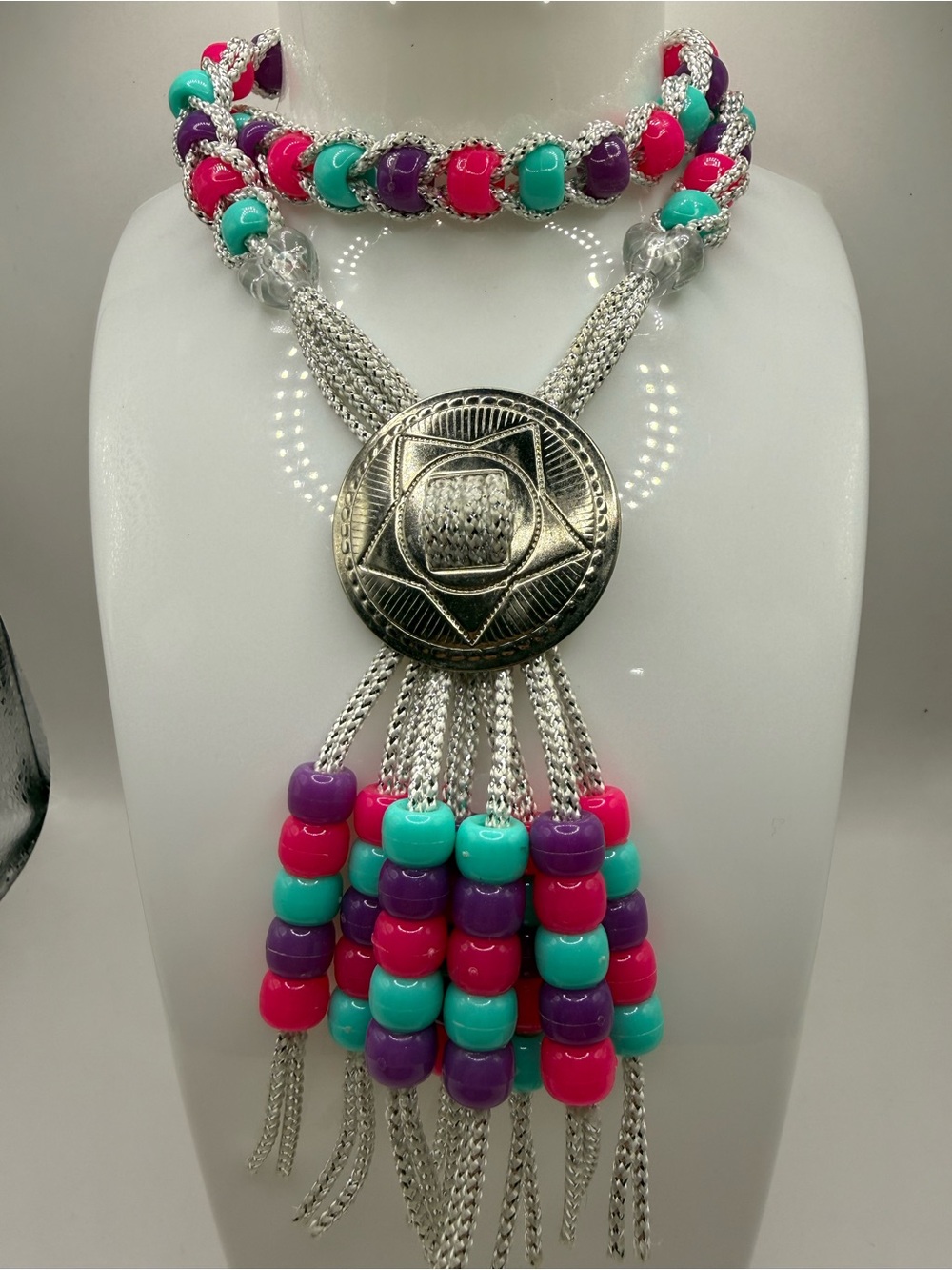 Women's Multicolor Beaded Statement Necklace with Silver Medallion